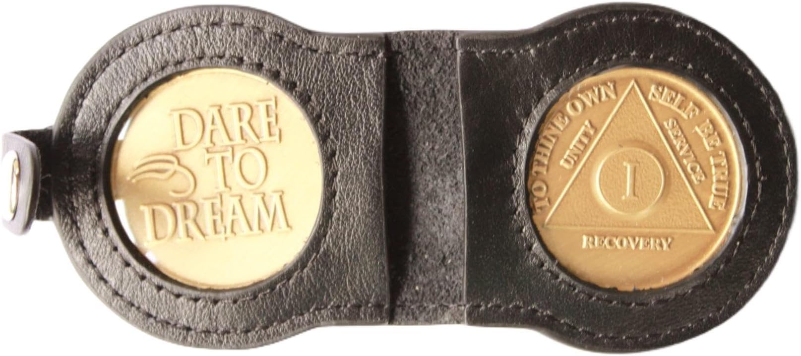Double LEATHER KEY TAG Black - Coin size 1 5/16" Holds 2 AA/NA Medallions/Coins - Easy to change slip in or out AA/NA Tokens/Chips, Medallion, and Commemorative Coin