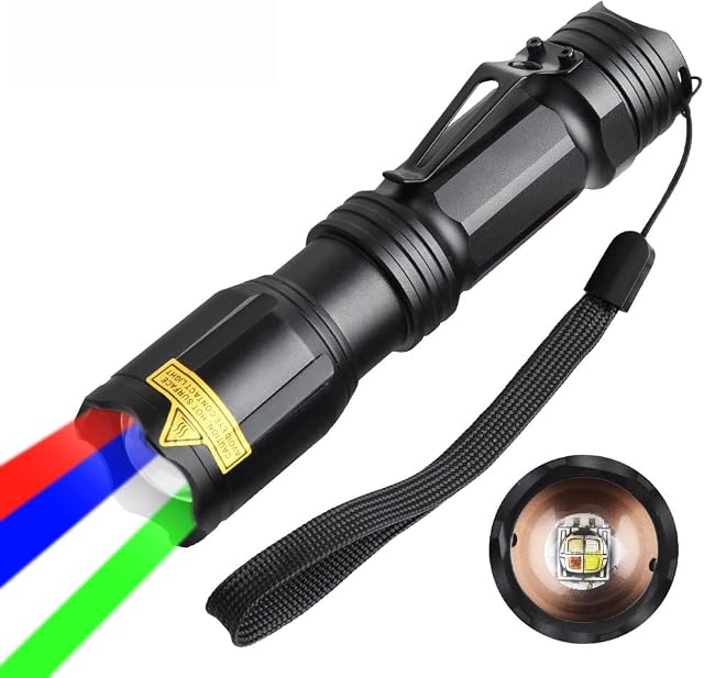 DUCOS LED Torch with Red Green White Blue Light, 4 Color in 1 Multiple Colors Tactical Torch Waterproof Zoomable Pocket Flashlight with Clip for Night Hunting, Astronomy, Fishing, Camping