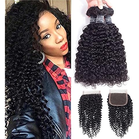 Amella Hair Brazilian Curly Human Hair (18 20 22 with 16" closure) Bundles with Closure Grade 8A Virgin 100% Unprocessed Brazilian Curly Hair 3 Bundles with Closure Free Part Cover
