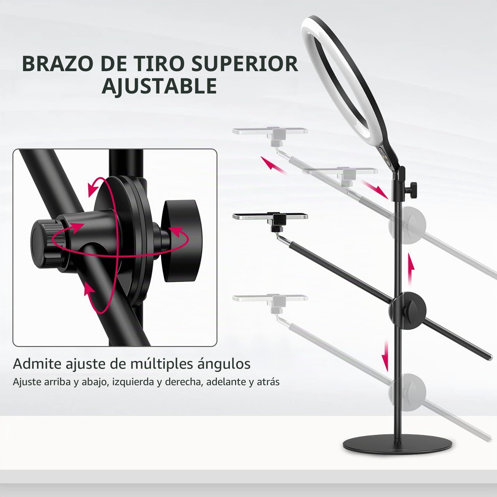 10 '' Luz de Anillo con Soporte de Brazo, ULANZI Ring Light de Soporte Escritorio, 3500k-6500K Regulable, Luz Anular con Soporte para Teléfono para TikTok, Maquillaje, Fotografía, Selfie