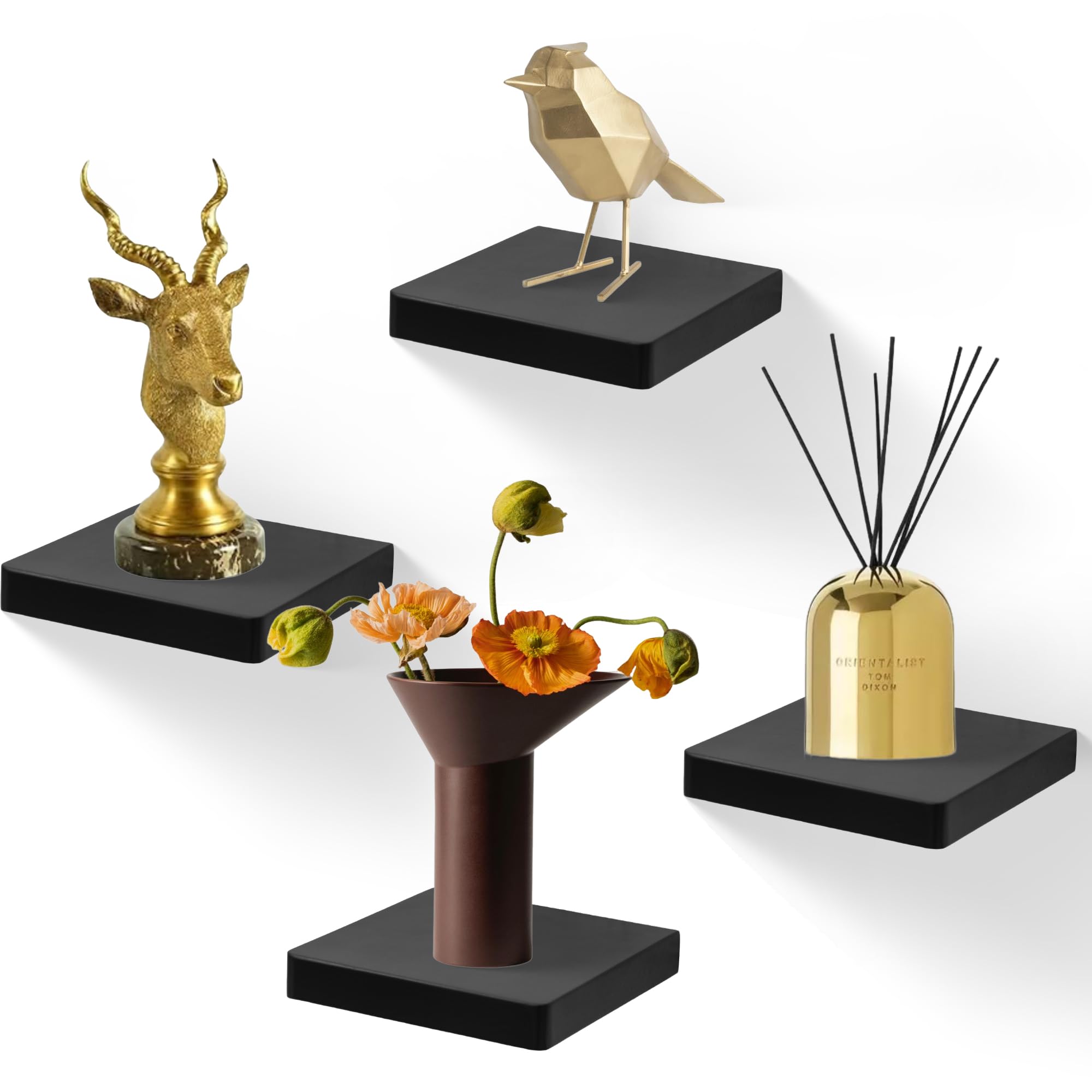 FURAOMEILI Floating Shelves for Wall Set of 4, 15.2 cm Solid Wood Square Shelves, Small Decorative Wall Display Shelf for Bathroom, Bedroom, Living Room & Kitchen – Black