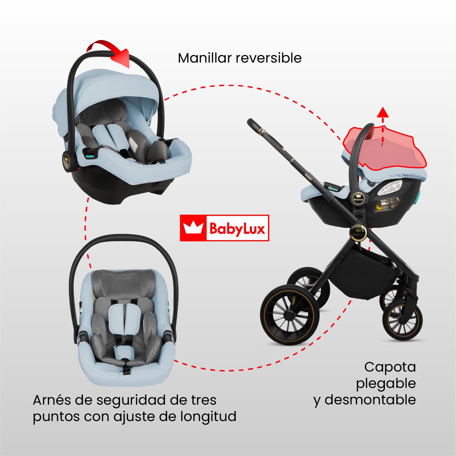 BabyLux® Carrito Bebe 2en1 ROSSO, Conjunto de Cochecito Ligero y Plegable Que Incluye Capazo, Silla de Paseo, Bolso Cambiador y Más Accesorios, 4 Posiciones de Reclinado, 0-22kg, Protección UV 50+