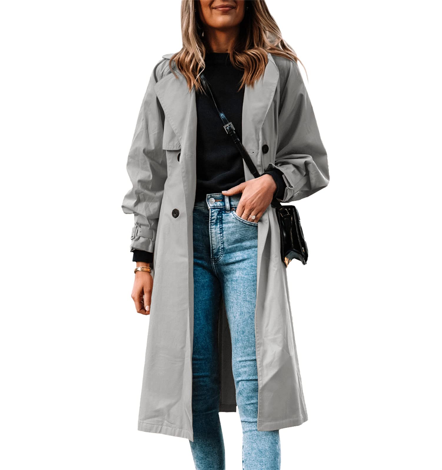 Womens Long Trench Coat Double Breasted Lapel Casual Belted Windproof Slim Overcoat with Pockets