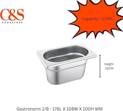 C&S Homestore Gastronorm 1/9 Stainless Steel Catering GN Pan – Durable Food Storage & Serving Tray for Buffet, Restaurant, Hotel, Bain Marie & Commercial Kitchen Use - 1L / 100mm
