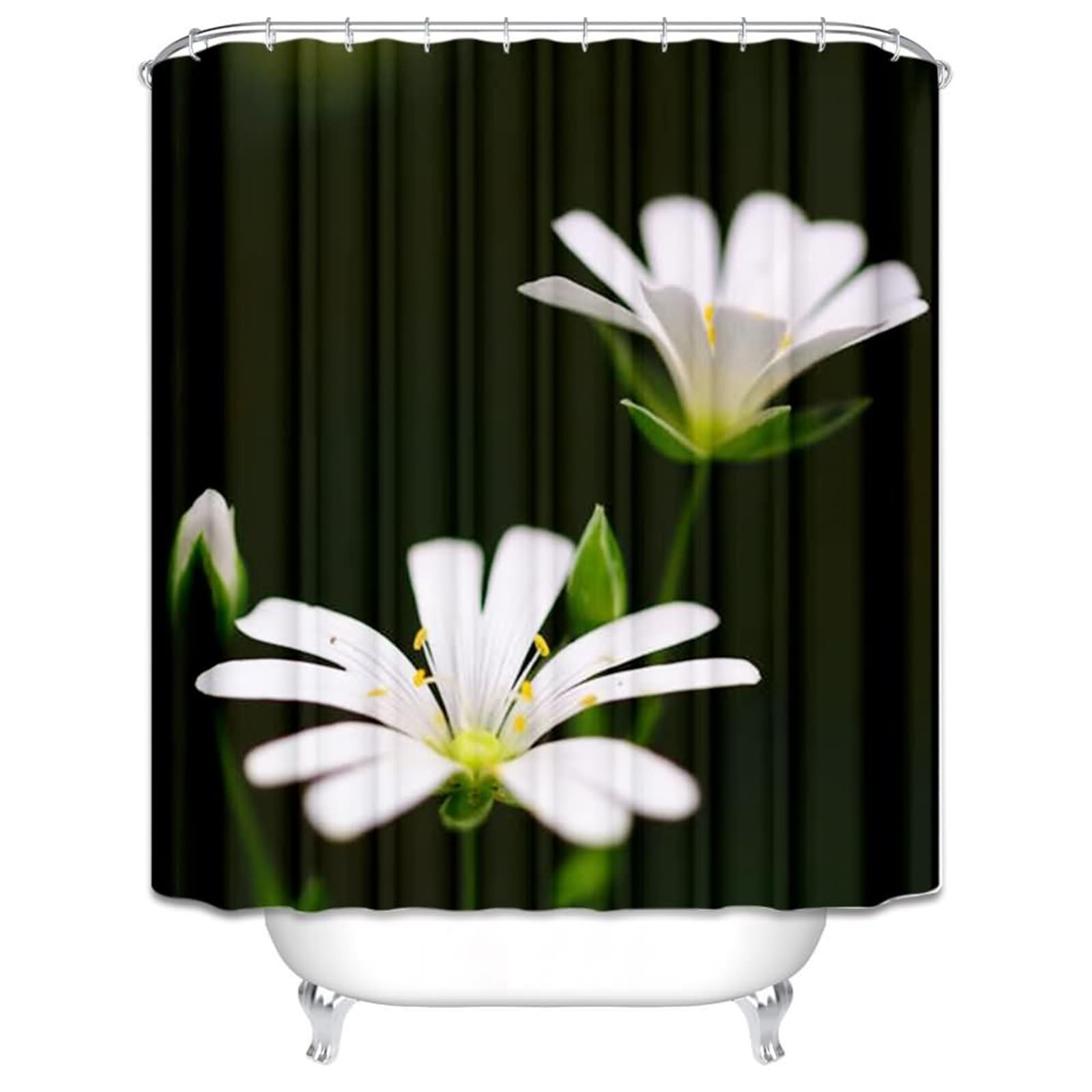 Rideau douche tissu contre fuites eau fleurs blanches lavable 220x180