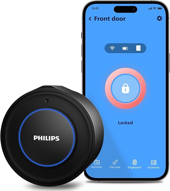 Philips Wi-Fi Smart Lock, transformez votre Deadbolt existant en une porte intelligente, intégrée WiFi, APP Télécommande, Entrée sans clé, Auto-Lock, Alarme multiple - Noir mat