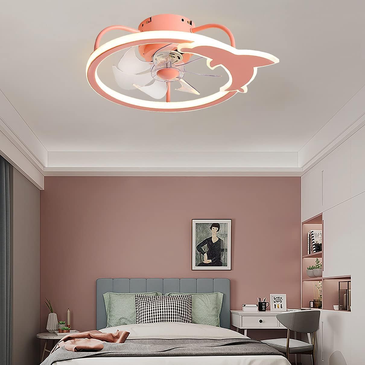 Nordic Pink Ceiling Fan Light Reversible Fan Ceiling Lamp and Remote Control Kids Ceiling Lights Silent Bedroom LED Dimmable Ceiling Fan Light Ultra-Thin Living Room Quiet Fan Ceiling Light