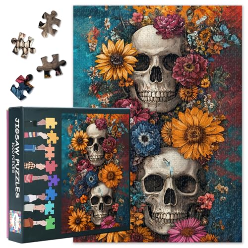 Rompecabezas de calavera de 1000 piezas para adultos, diseño vintage de Halloween con flores