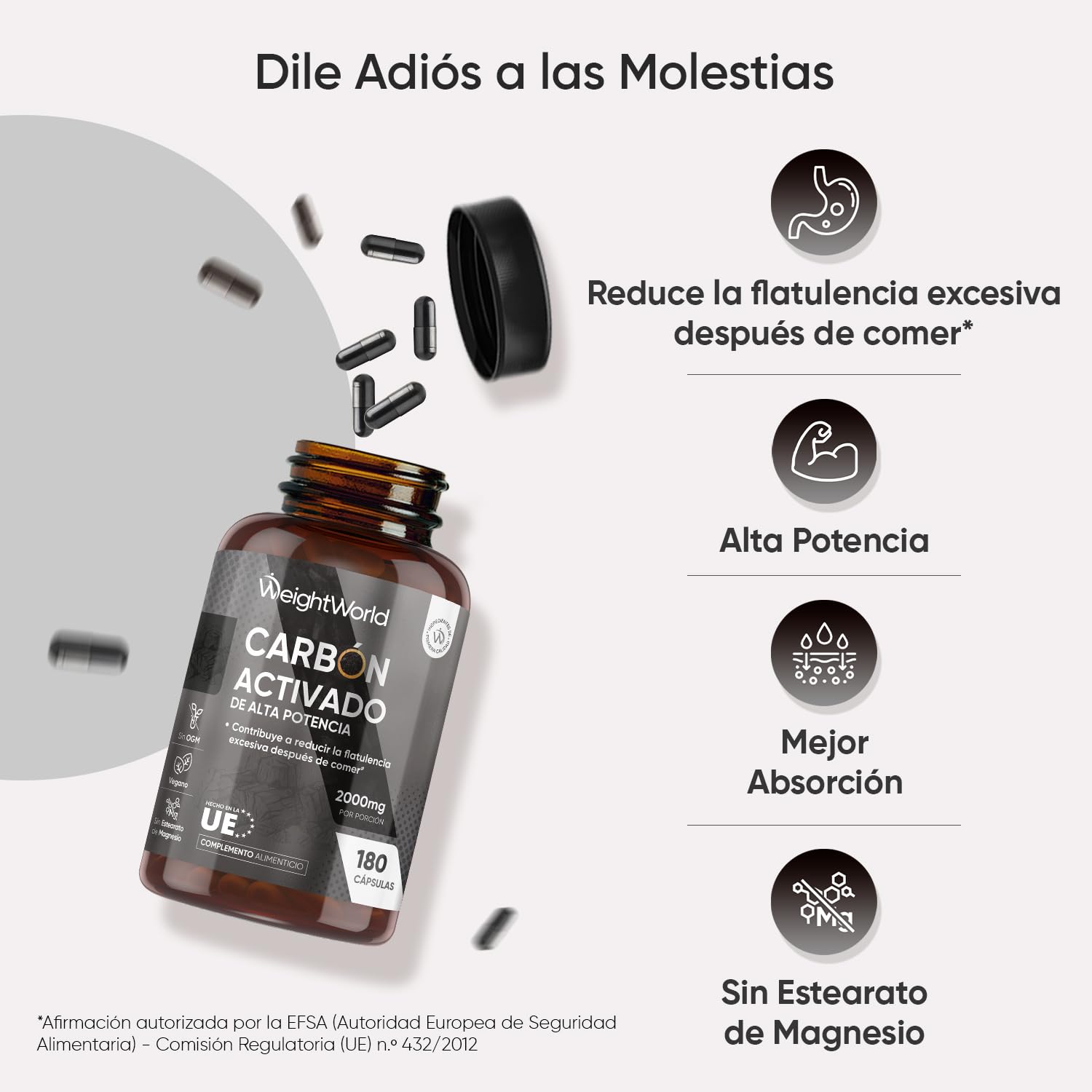 Carbón Activado 2000mg de Potencia 180 Cápsulas Veganas - Ideal para Gases e Hinchazón Adultos, Carbón Vegetal Activado de Origen 100% Natural, Vegano y Sin Estearato de Magnesio