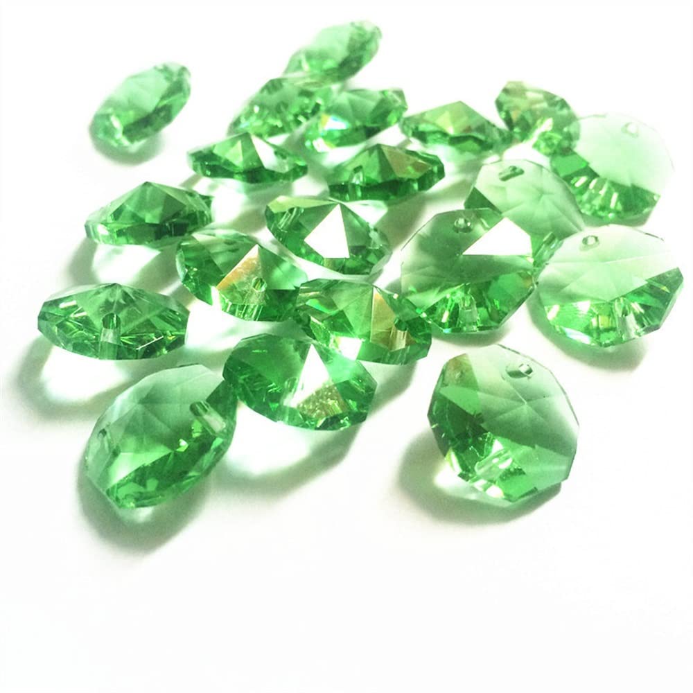 Chandelier Crystal Prisms Pendants 100pcs Light Green Chandelier Beads 14mm Glass Octagon Chandelie Parts in 2 Holes (with Rings) Diy Accessories Crystal Curtain Beads Crystals Lighting Lamp Replacem