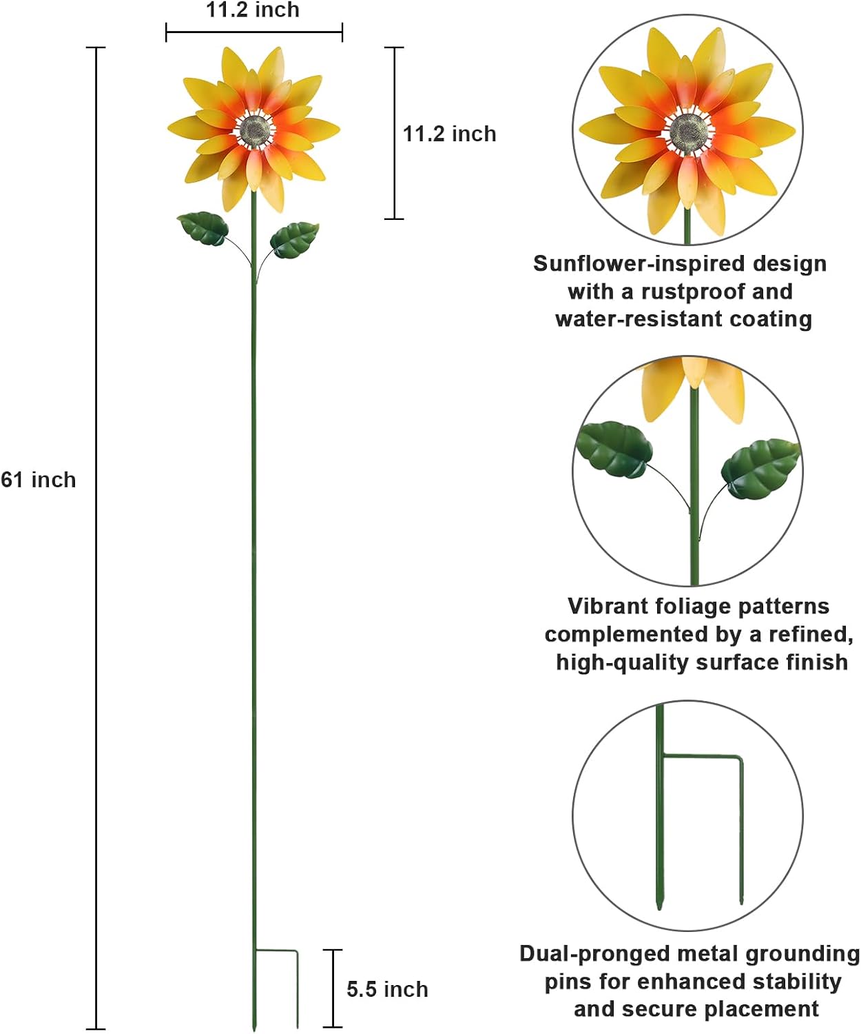hogardeck Outdoor Wind Spinner, 61" Metal Sunflower Wind Spinner with Stake, 360° Rotating Windmill Yard Art, Kinetic Wind Sculptures for Home Lawn Backyard Patio Decor, Gifts for Garden Lovers