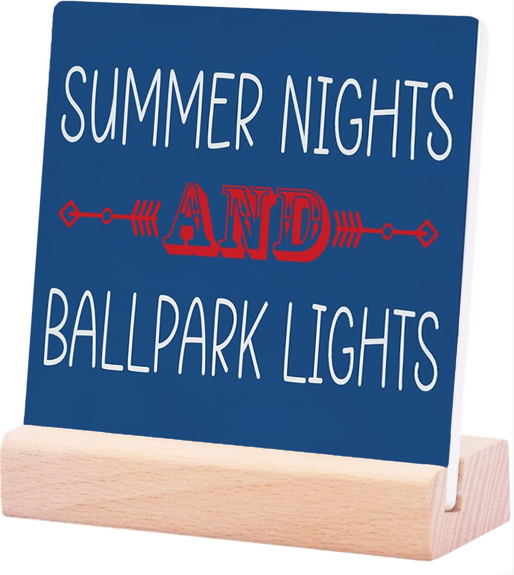 Rustic Summer Nights And Ballpark Lights Wooden Plaque, Farmhouse Summer Artwork Decor, Baseball Wooden Plaque Sign Desk Decor Home Shelf Decoration 4X4Inch