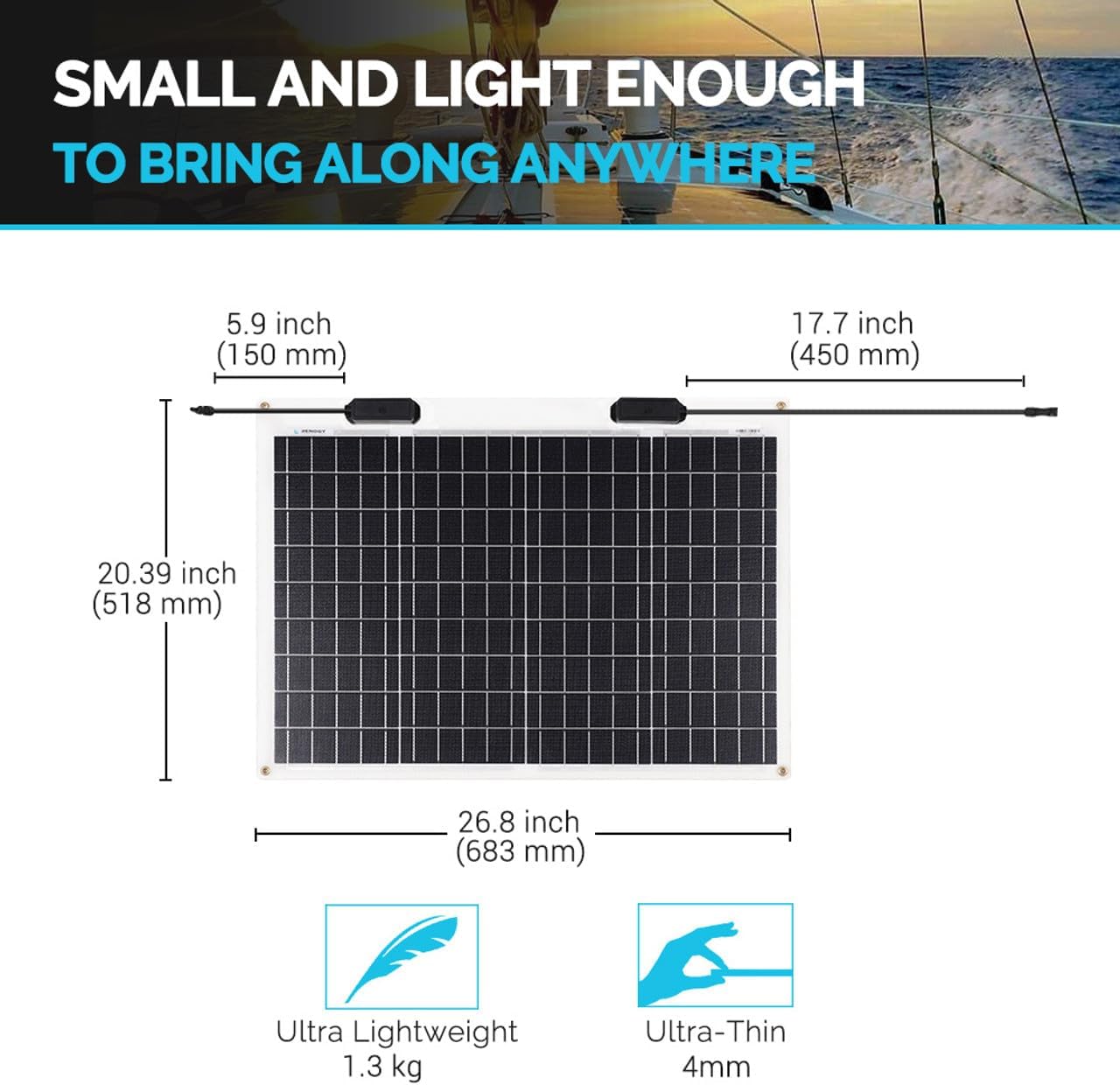 Diagram showing the dimensions of the Renogy 50W Flexible Solar Panel: 26.8 inches (683 mm) length, 20.39 inches (518 mm) width, and highlighting its ultra-lightweight (1.3 kg) and ultra-thin (4mm) design.