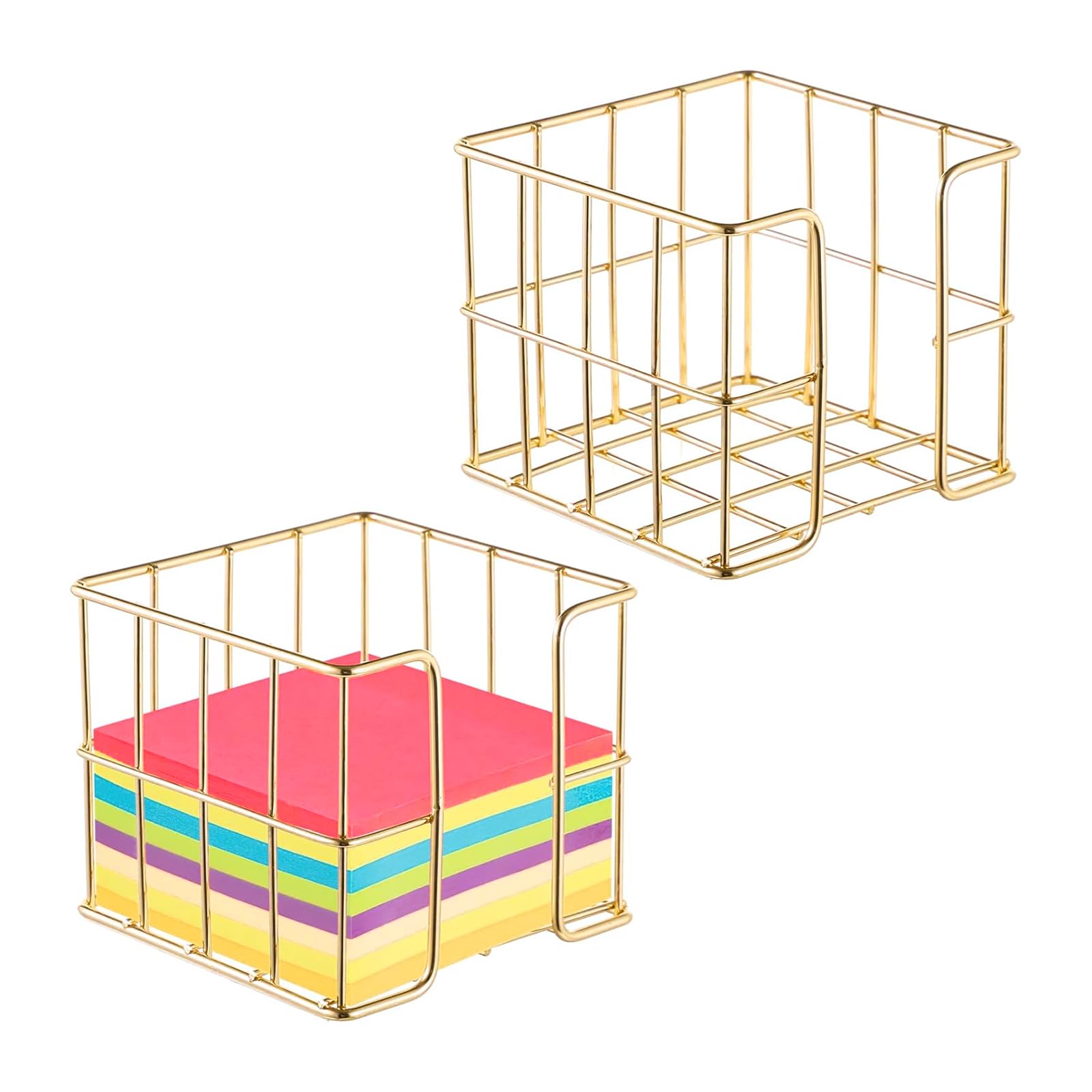 Post Note Holder Set, (2PCS) ticky Note Holder, Elegant Sticky Note Cube Dispenser and Mesh Memo Holder for Desk Organization, Perfect for Home, Office, and School Supplies 9.5x9.5x8CM (Gold)