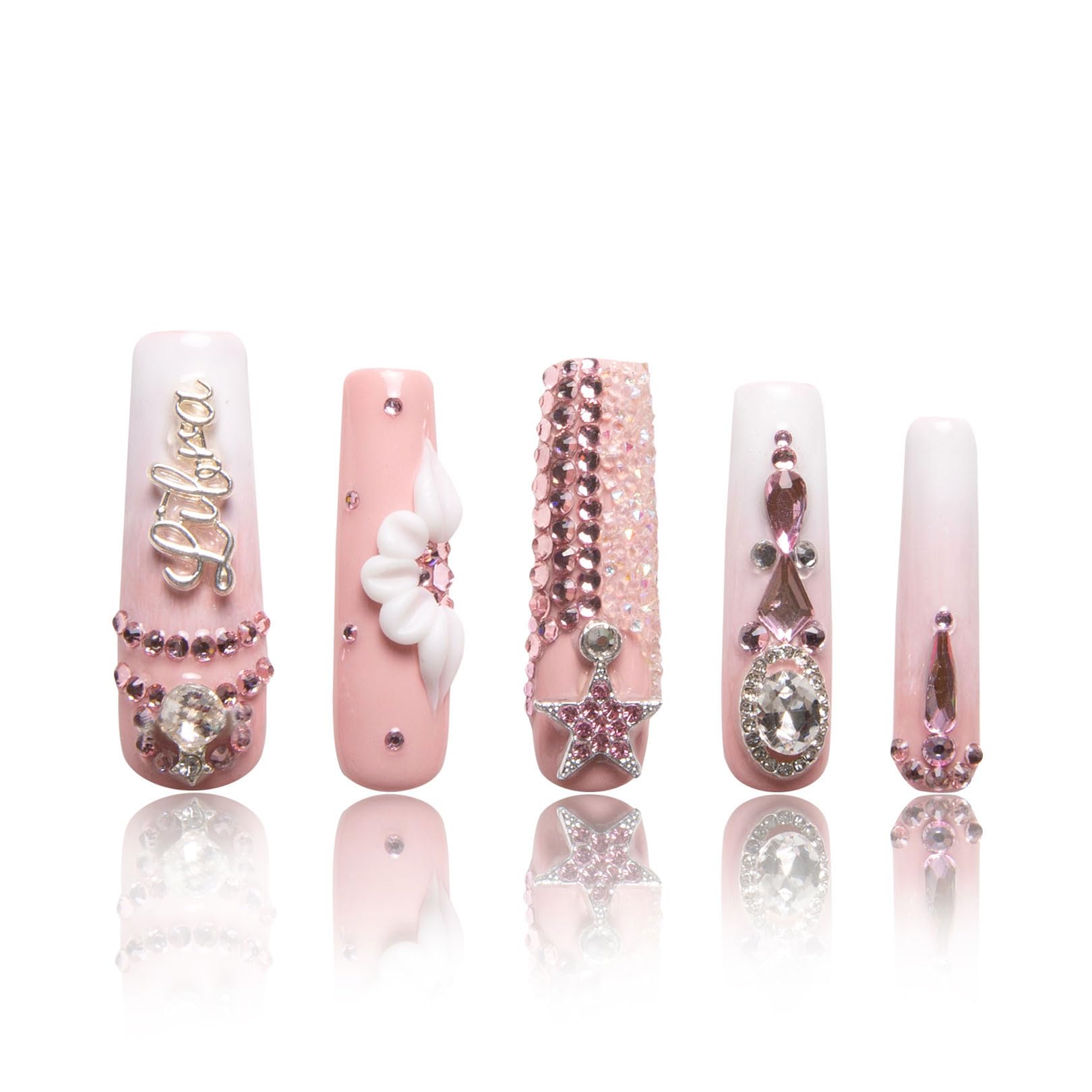 LOVFUL Press on Nails Libra| Handmade with Full Covered Crystals| Reusable Fake Nails| Square Mid length 1.7in| H245-M