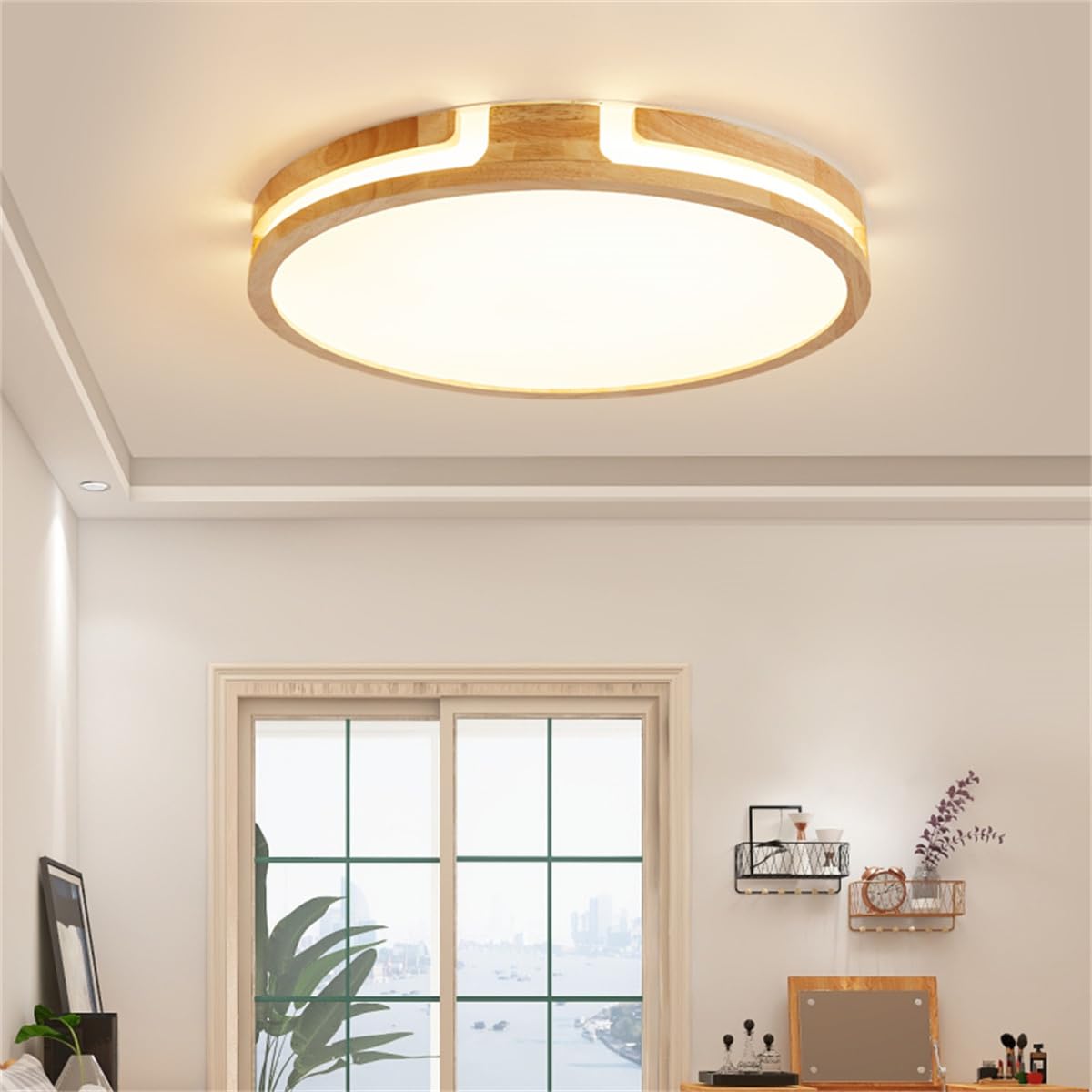 Plafonnier Bois,Dimmable 3000K-6000K 24W Luminaire Plafonnier Bois,Pour Chambre,Salon,Cuisine,Salle à Manger,Couloir,Maison,Bureau, D'Enfant Ø40cm