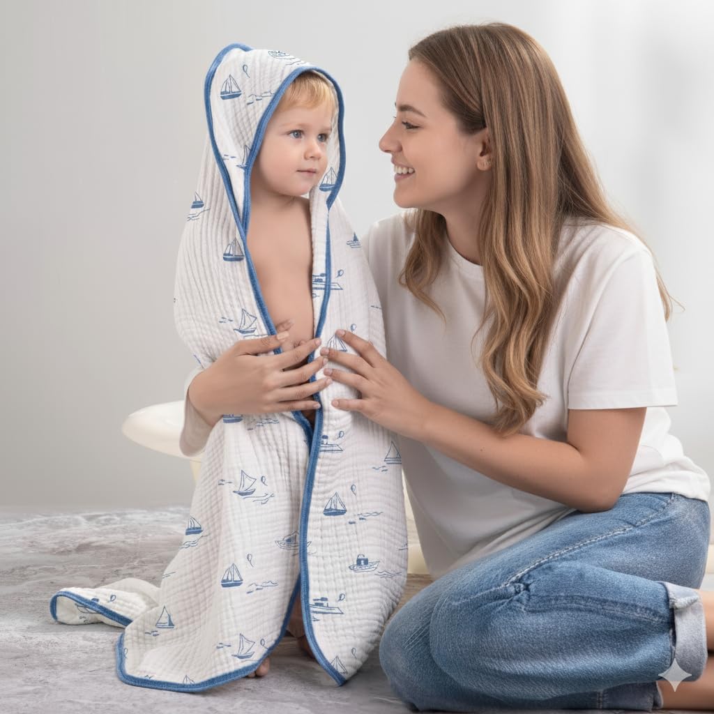 Muslin Hooded Baby Towels for Newborns, 32"x32", 100% Cotton – 6 Layers Super Soft Absorbent Breathable, Baby Bath Towel, Toddler Bath Towel – Pack of 2 - Image 7