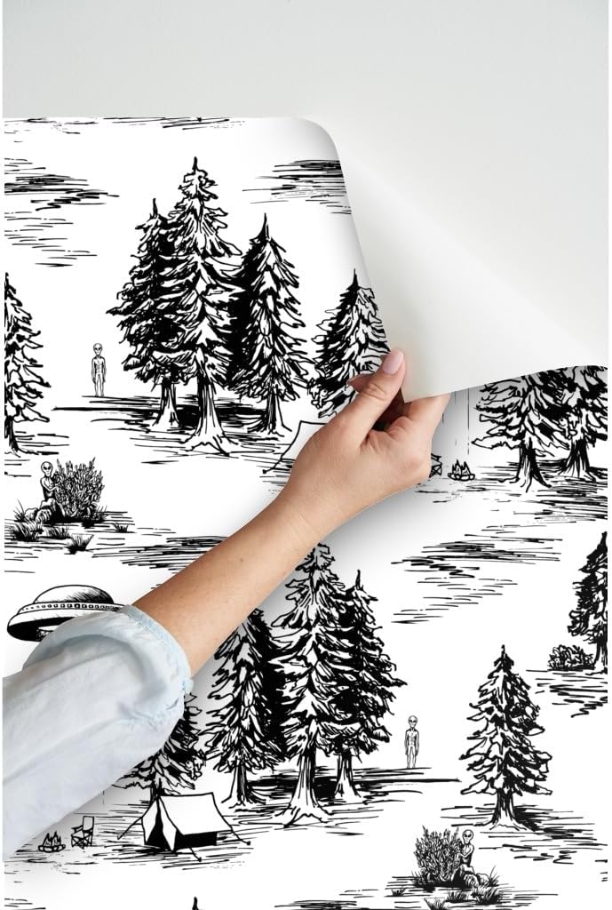 Spoonflower Peel & Stick Wallpaper Swatch - UFO Whimsical Large Scale Black and White Space Alien Abduction Custom Removable Wallpaper