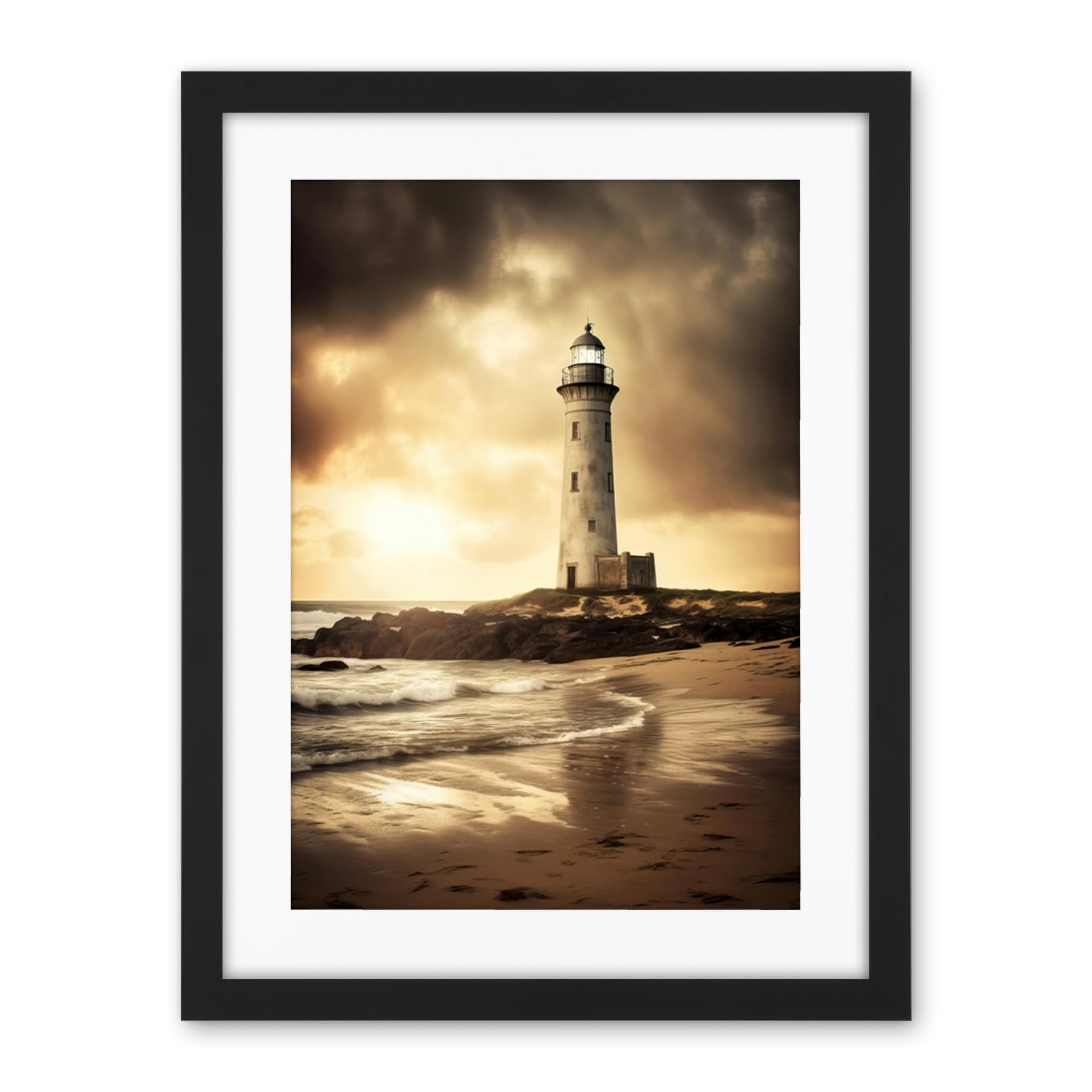 Artery8 Atmospheric Lighthouse Photo Beach Sepia Photograph Atmospheric Sunset Seascape Artwork Framed Wall Art Print 18X24 Inch