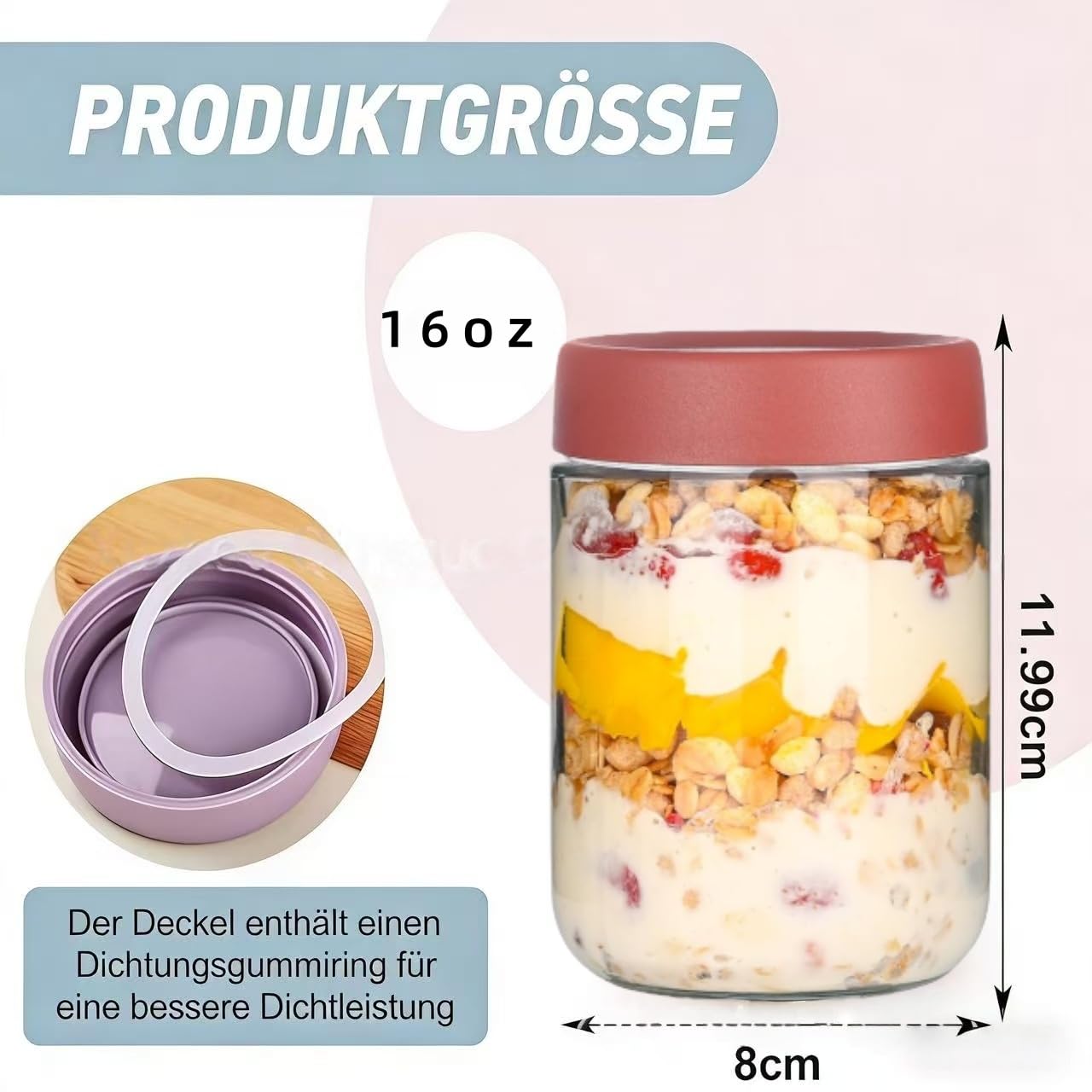 4x Overnight Oats Gläser 500ml Mit Holzdeckel –  Produktbild-Vorschau 5
