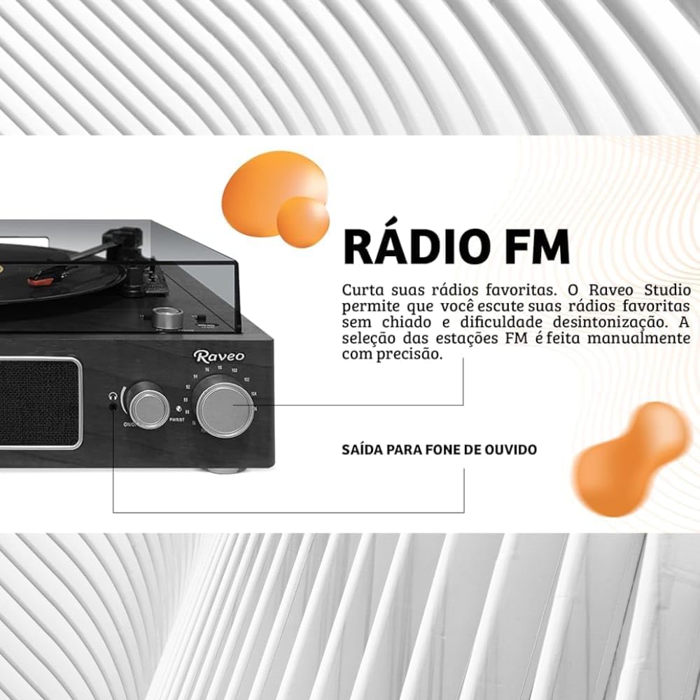 Raveo Vitrola Studio Ebony com Toca-discos, Rádio FM, USB, saída auxiliar e fone de ouvido e tecnologia de conexão Bluetooth, Cor: PRETO