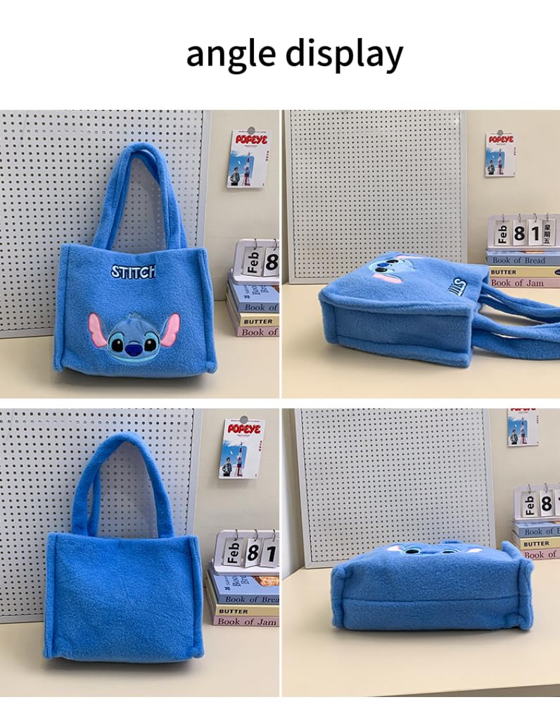 Stitch Plush Tote Bag, for Women Teens Cute Travel Accessories With Zipped Make Up Bag Cosmetics Storage Gifts for Her，Blue, With Shoulder Straps