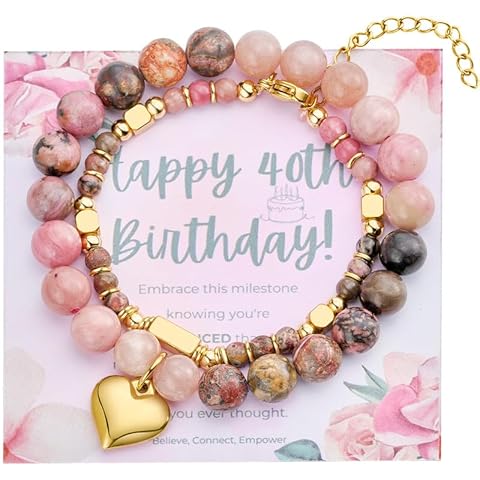 Bivei 40/50/60 Birthday Gifts for Women, Natural Semi Precious Crystal Healing Stone Beads Heart Charm Stretch Beaded Birthday Bracelets for Her Best Friends Sister Mom Wife - Rose Red