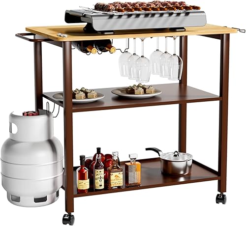 kognita Mesa de horno de pizza de 35.5 pulgadas para parrilla al aire libre con 4 ruedas, carrito de bar al aire libre mesa de comedor con estante