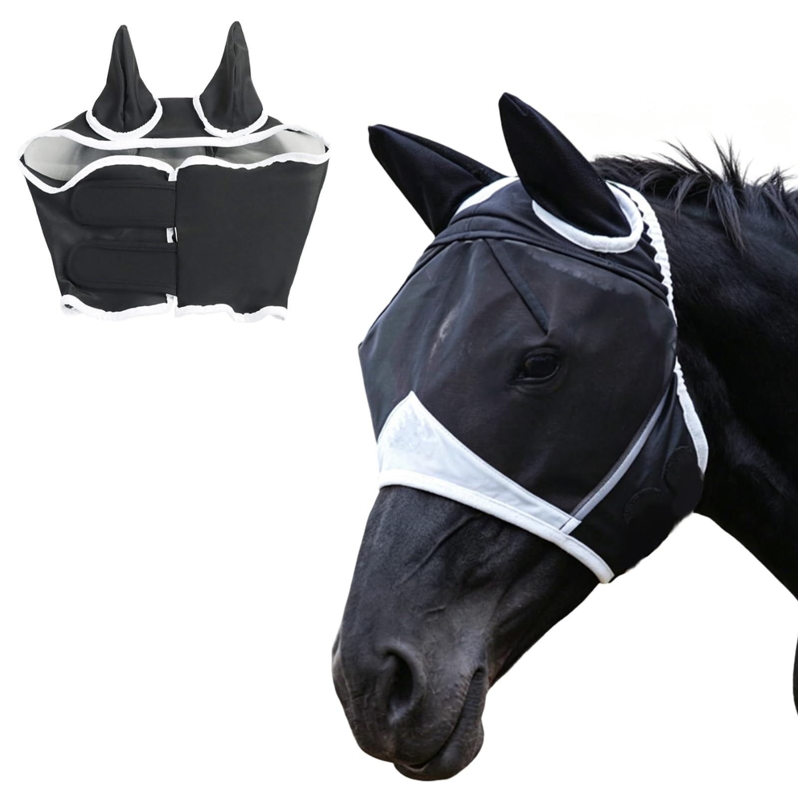 Horse Fly Mask with Ears, Black, Polyester, Lightweight Mesh Eye Protection