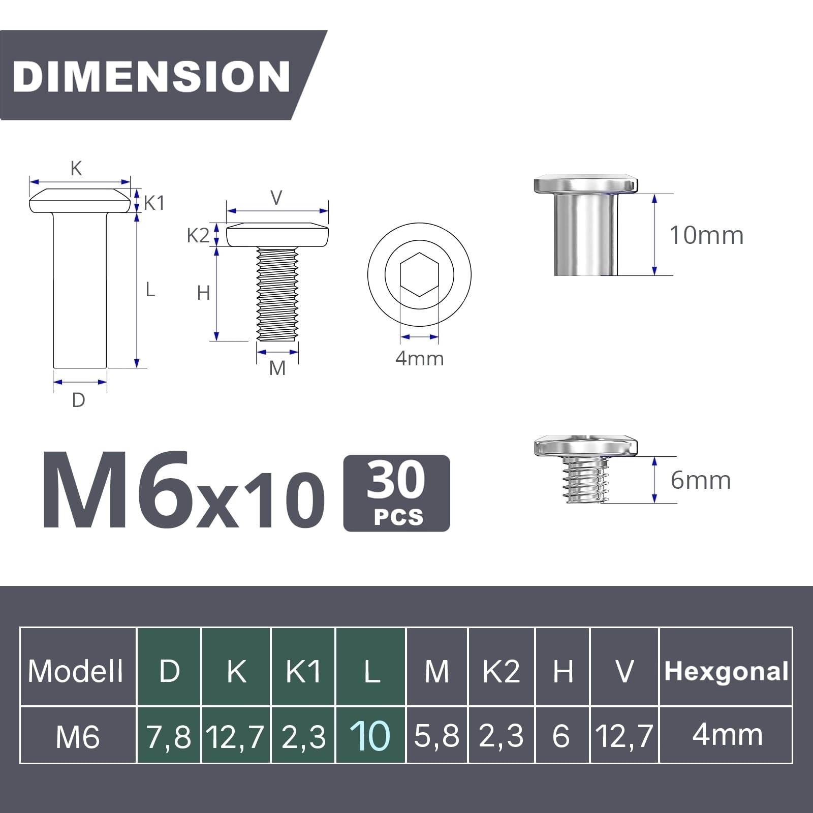 10pc M6 Furniture Connecting Screws BoltsSleeves(10x Furniture Screws,10x Sleeve Screws), M6x15 Cabinet Connector Furniture Screw Bolts, Cupboard Joining Fixing Bolt Screw For Kitchen Cabinet Carcase - View #2