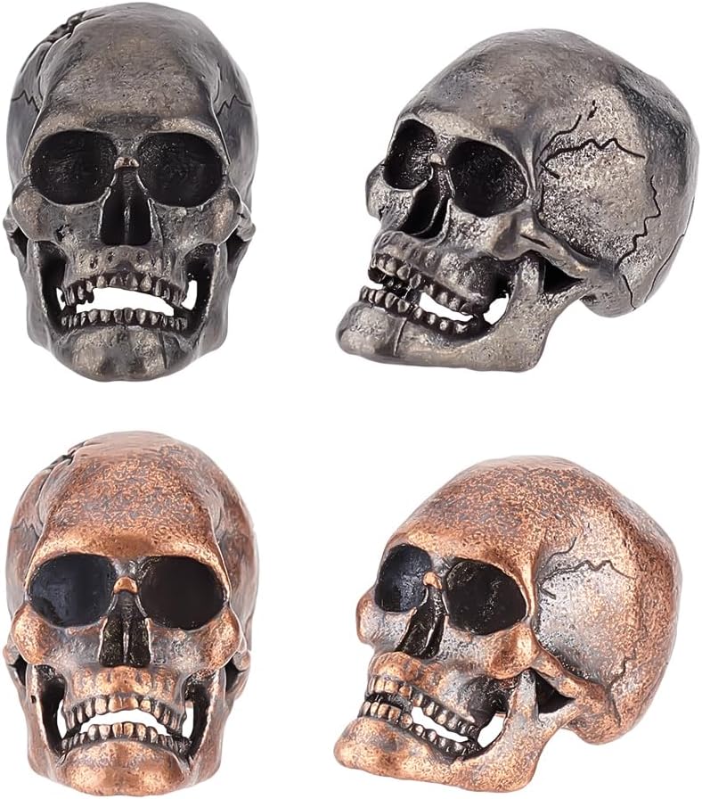 OLYCRAFT 4Pcs 2 Colors Skull Paracord Beads Brass European Large Hole 6mm Skeleton Beads DIY Jewelry Charms Accessories for Bracelet Necklace Making