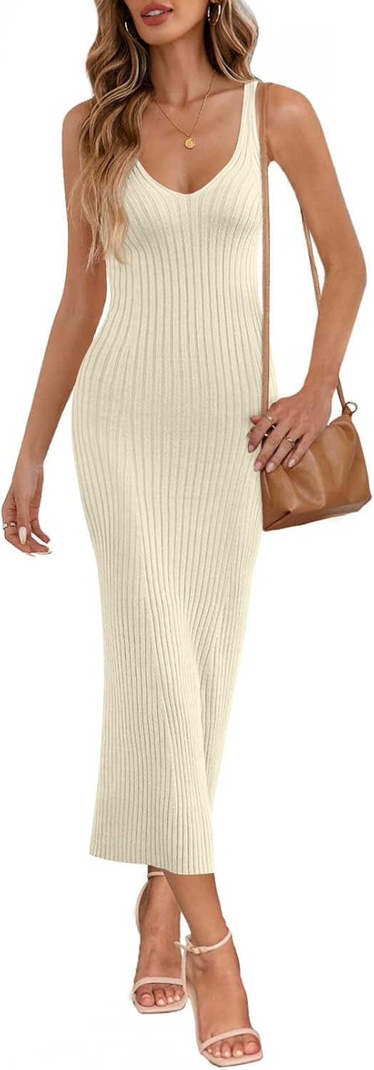 MEROKEETY Womens Summer Spring Midi Dress 2026 Beach Vacation Bodycon V Neck Casual Sleeveless Ribbed Knit Sweater Dresses
