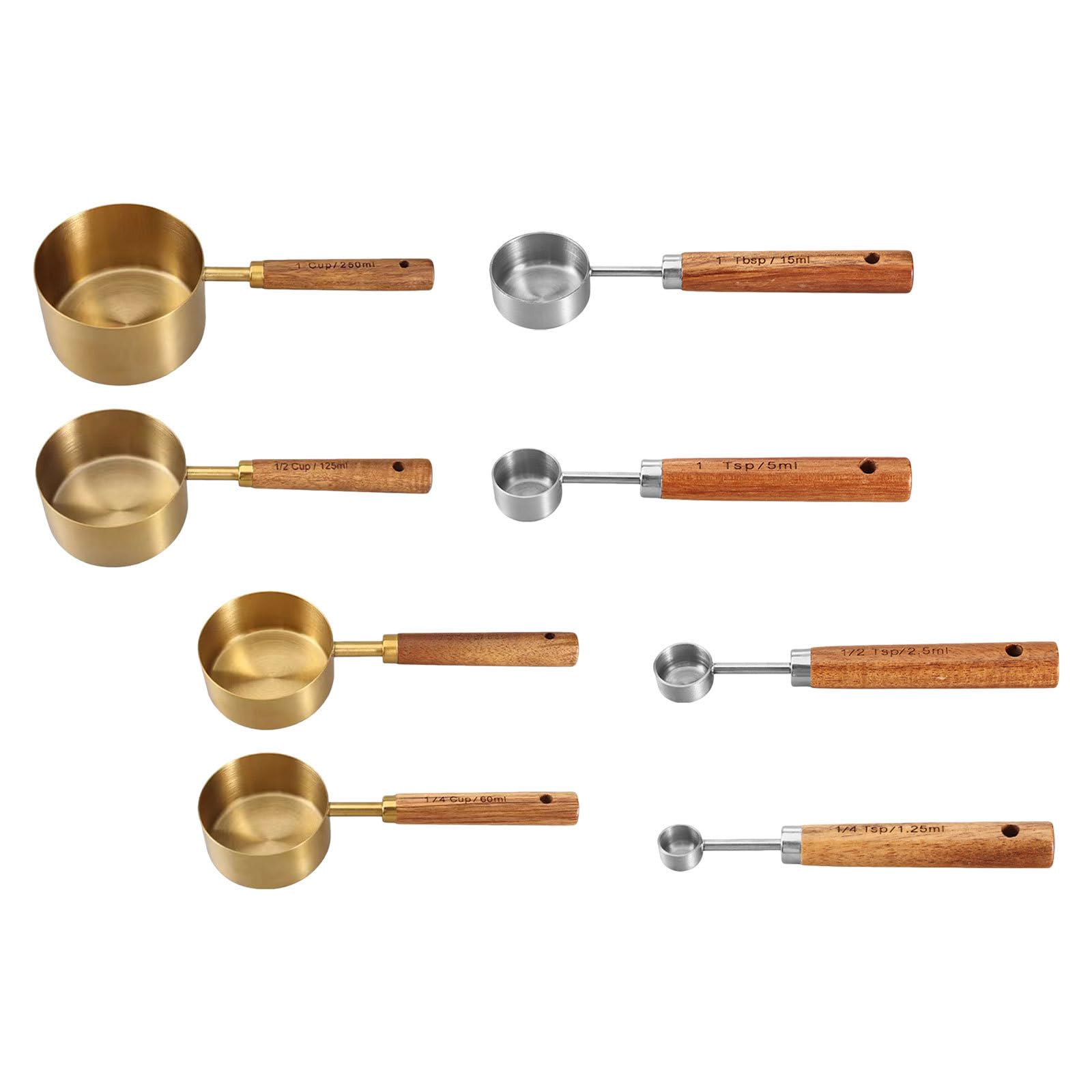 INOOMP Juego de 8 Tazas y Cucharas Medidoras de Acero Inoxidable con Mangos de Madera para Cocinar y Hornear con Medición Precisa y Durabilidad Excepcional