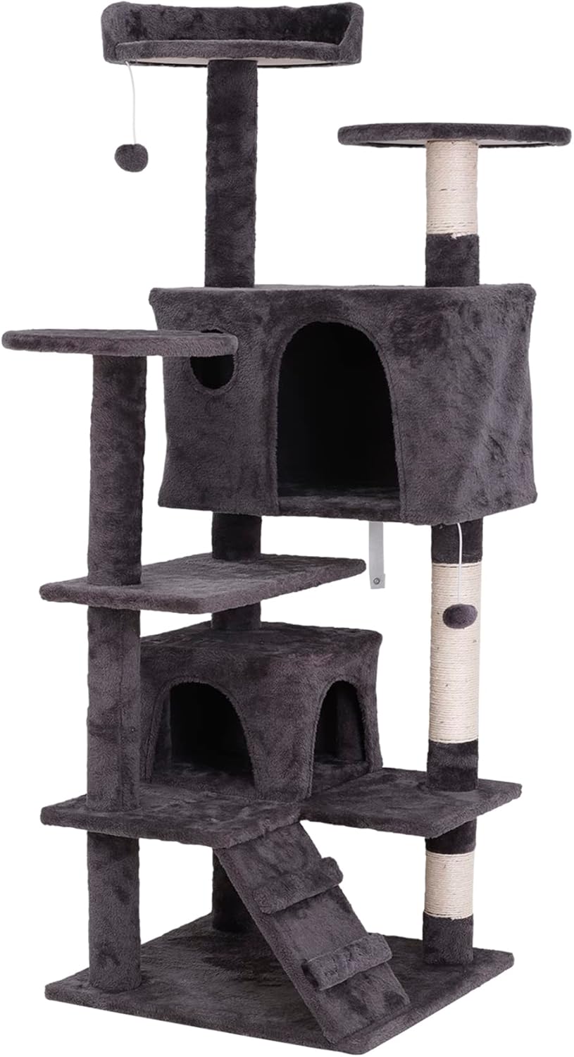 53 inches Heavy Duty Multi-Level Cat Tree Tower with Condo Furniture & Scratching Posts for Kittens Play Rest (Grey)