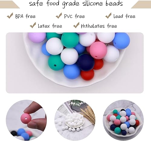Miniatura 3 de 100 cuentas de silicona, cuentas de silicona de 0.59 pulgadas (0.591 in), cuentas redondas de silicona blancas a granel para hacer llaveros, cuentas