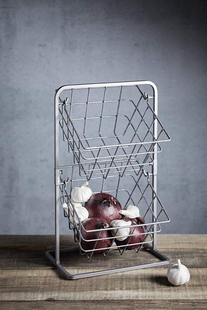 KitchenCraft Industrial Kitchen Regal, Freistehend, 2 Drahtkörbe in freistehendem Regal, Vintage/Used-Effekt, Karbonstahl, 25 cm x 22 cm x 41.5 cm