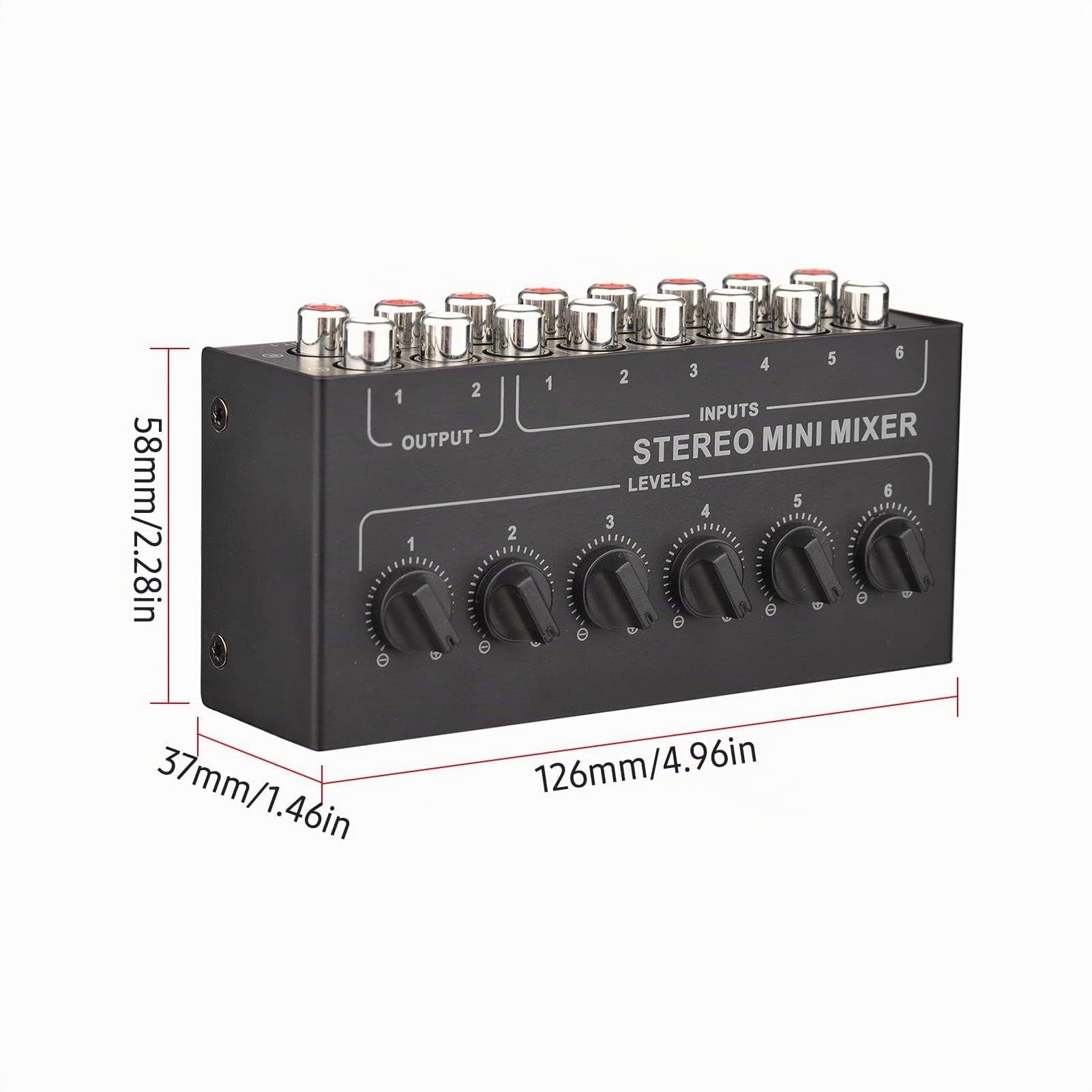 Mezclador Audio Pasivo Estéreo de 6 Canales RCA,Mini Mezclador de Audio Estéreo Interfaz de Audio, distribuidor estéreo de 6 entradas y 2 salidas, Controles de Volumen Separados para DJ/Karaoke