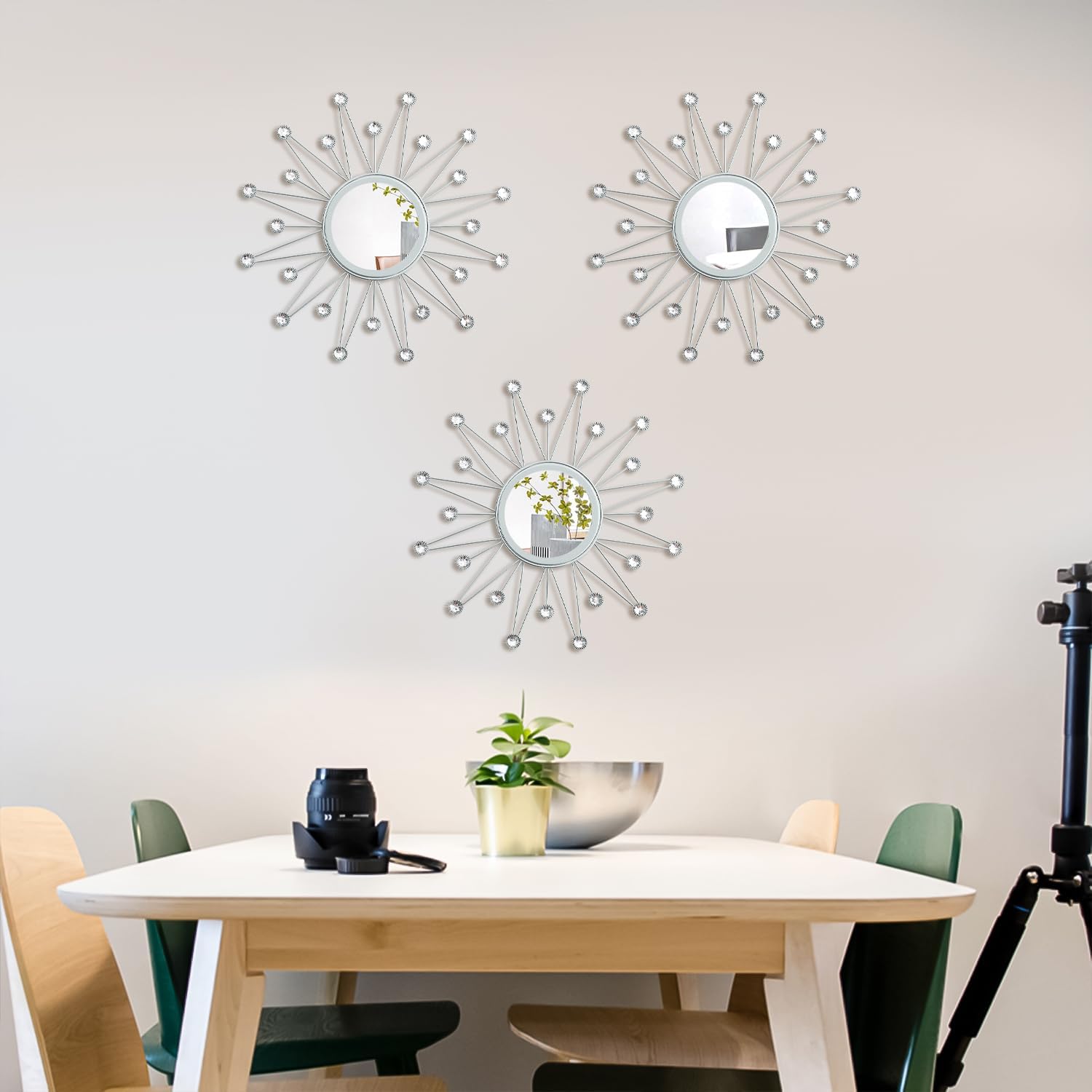 Uaussi 3 Pack Crystal Sunburst Wall Mirror Décor Rhinestone Mirrors Decorative Home Wall Art for Living Room Bedroom Entryway(Triangle Burst Silver)