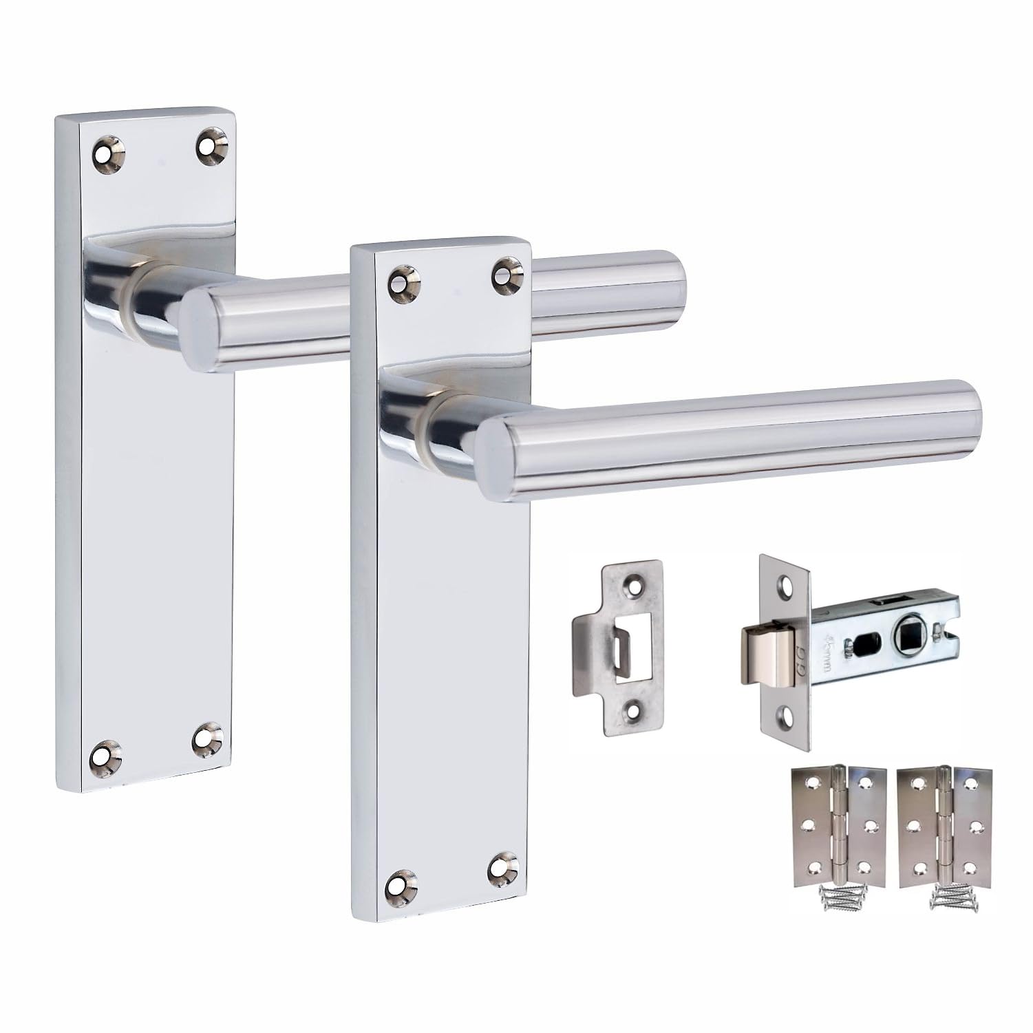 Golden Grace Victorian Straight T-Bar Door Handles Latch in Polished Chrome Finish with 1 Pair of 3" Standard Butt Hinges & Latches Pack, 1 Set - 150mm x 40mm Backplate