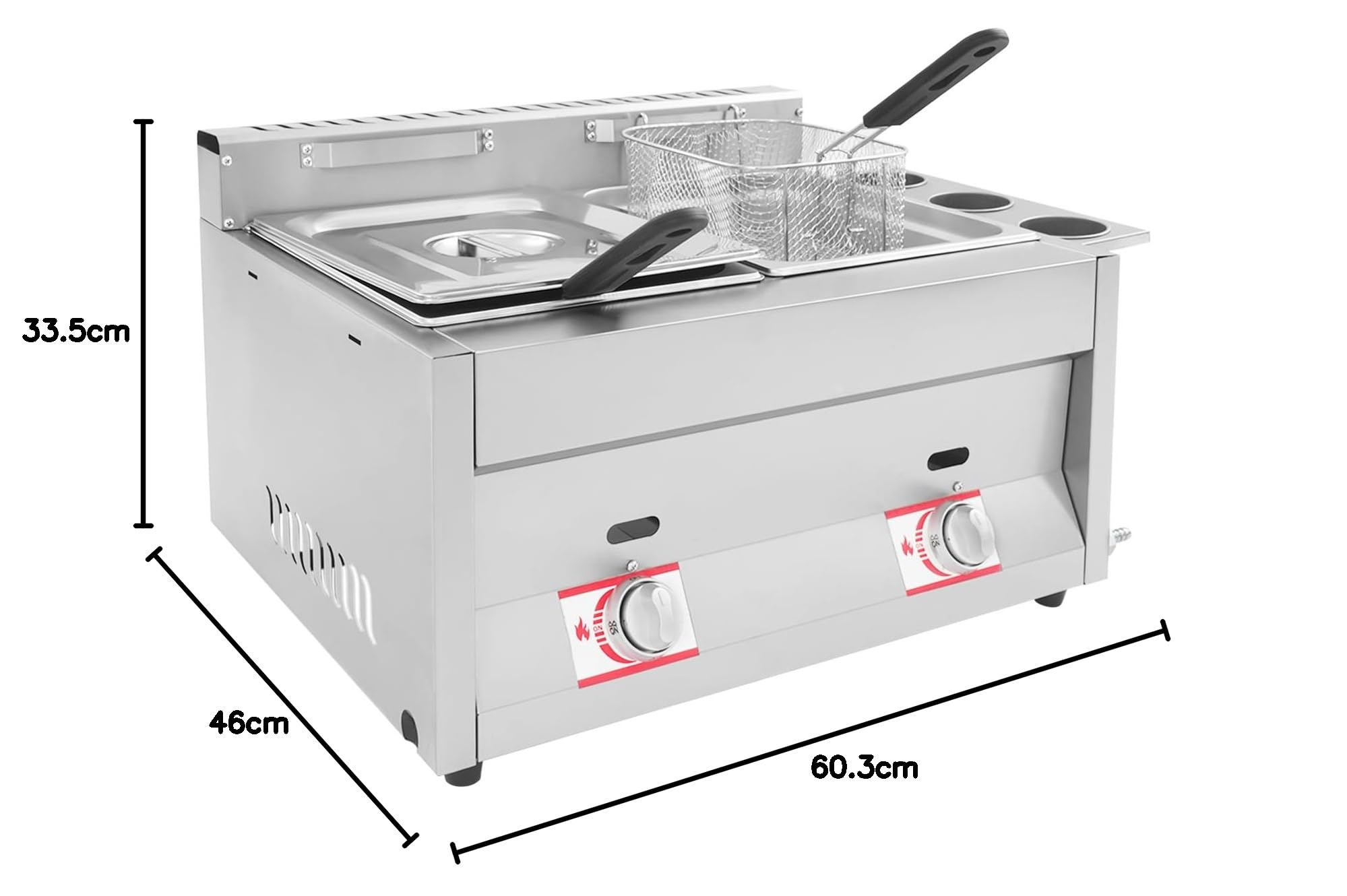 Friteuse à gaz commerciale, double réservoir 10 l + 10 l, en acier inoxydable, avec 2 paniers à friture et couvercle, température réglable, pour restaurants, bars à emporter, cuisine à domicile