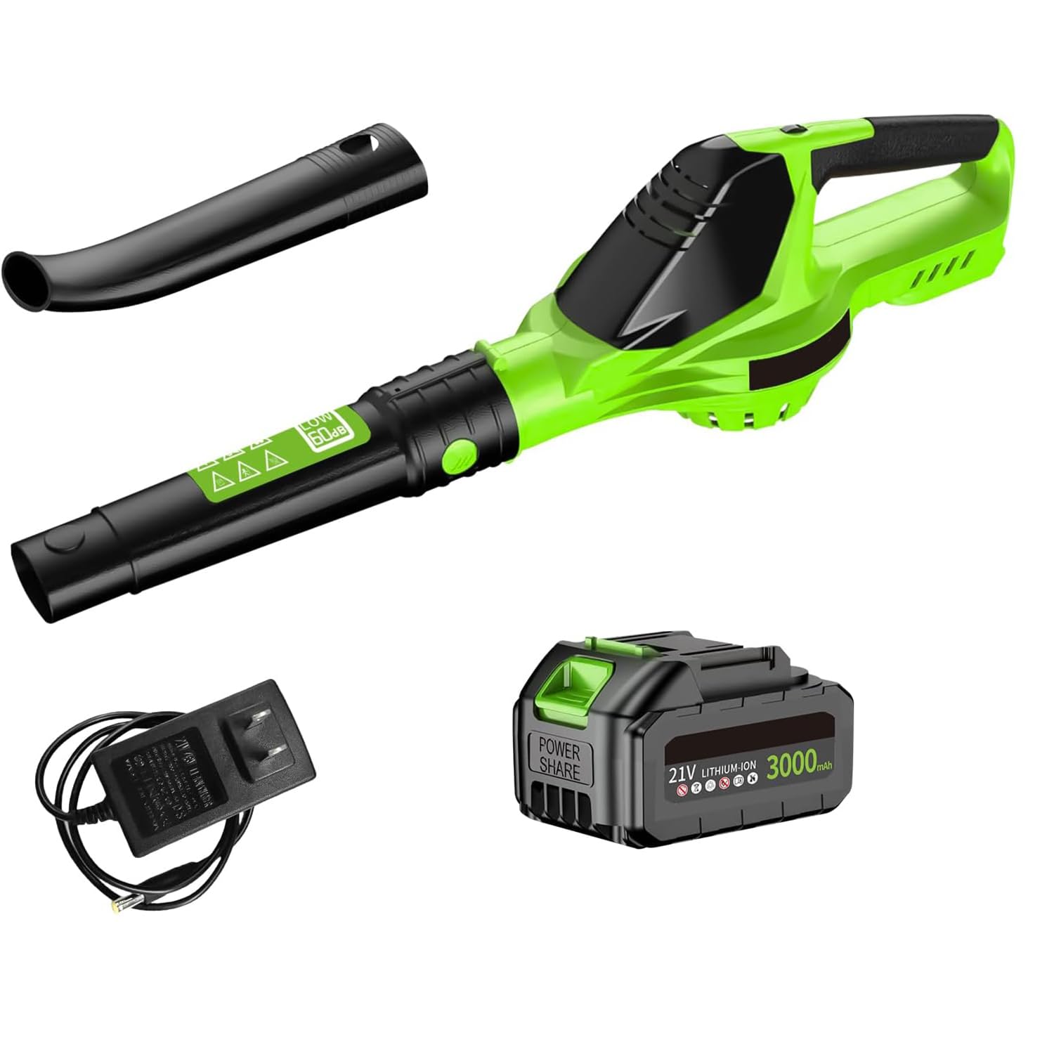 Soplador de hojas inalámbrico de 21 V, 3000 W, 100 MPH, con 2 x 3.0 Ah Batería y cargador, 5 modos de velocidad para el mantenimiento del césped, el soplado de la nieve y el desempolvado (1 batería)