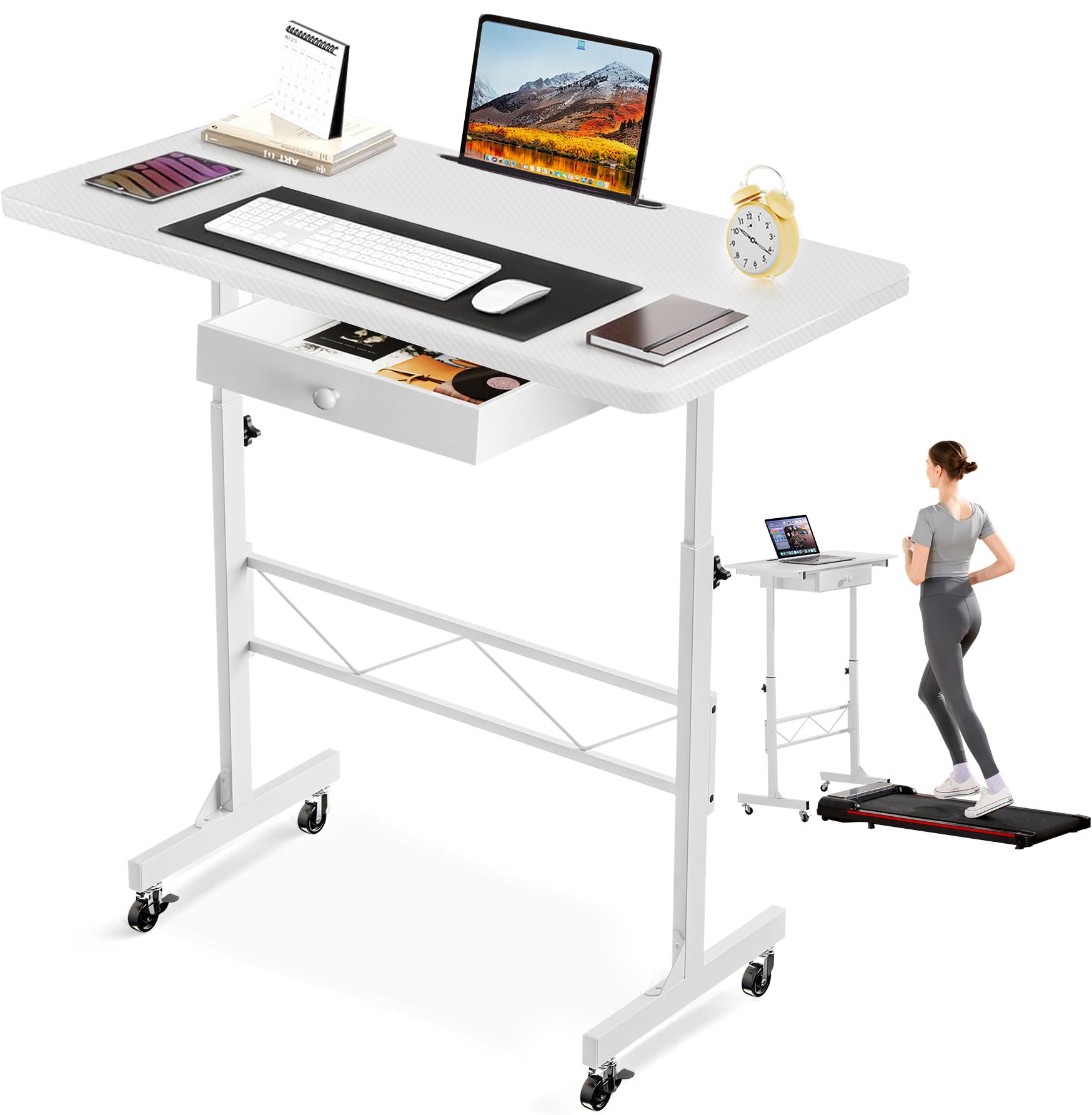 COMHOMA Small Standing Desk Adjustable Height Small Computer Desk Mobile Portable Rolling Laptop Table with Wheels 32" Computer Workstation Sit Stand Desks Portable Standing Table Treadmill desks