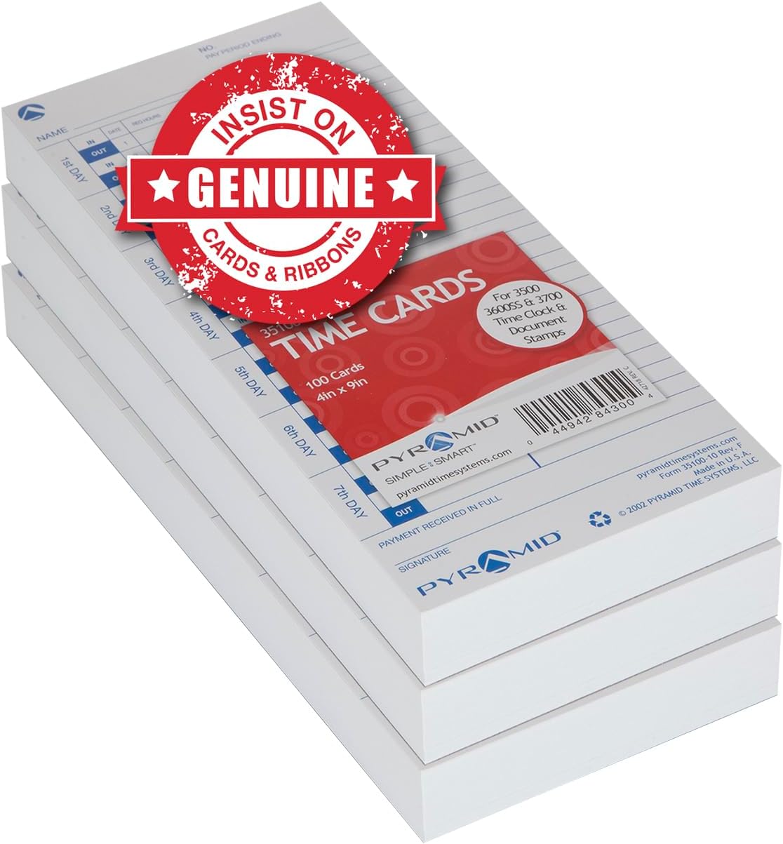 Pyramid Time Systems - 30% Recycled Time Cards (35100-10PK3) for Pyramid Models 3500, 3500ss, 3600SS &3700ss Time Clock and Document Stamp, Single Sided Time Sheets (4 X 9 Inches) - 300 Time Cards