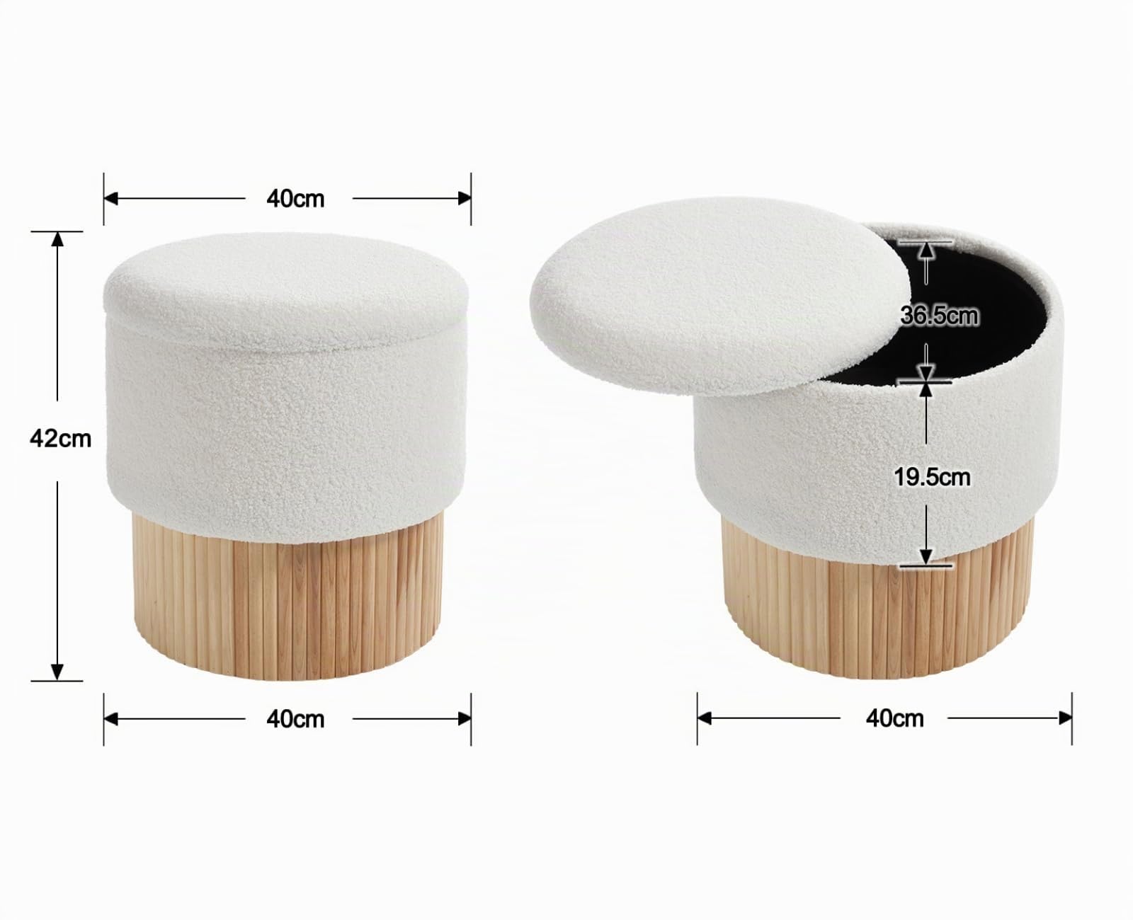 chairus Pouf Contenitore da Salotto in Pelliccia Sintetica, Bianco | Piccolo Poggiapiedi con Contenitore Sgabello Poggiapiedi con Seduta Imbottita e Ottomana Base in Doghe di Legno