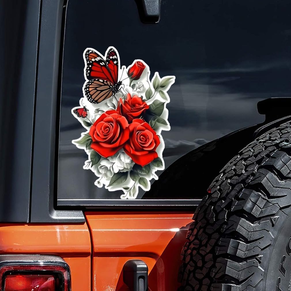 2pcs 3.74''x5.51'', Butterfly & Red Roses Waterproof Vinyl Car Decal, Exterior Decorative Accessories, Used for Car, Motorcycle, Laptop, Van, Window, Door, Wall and More | #CZ184 image 4