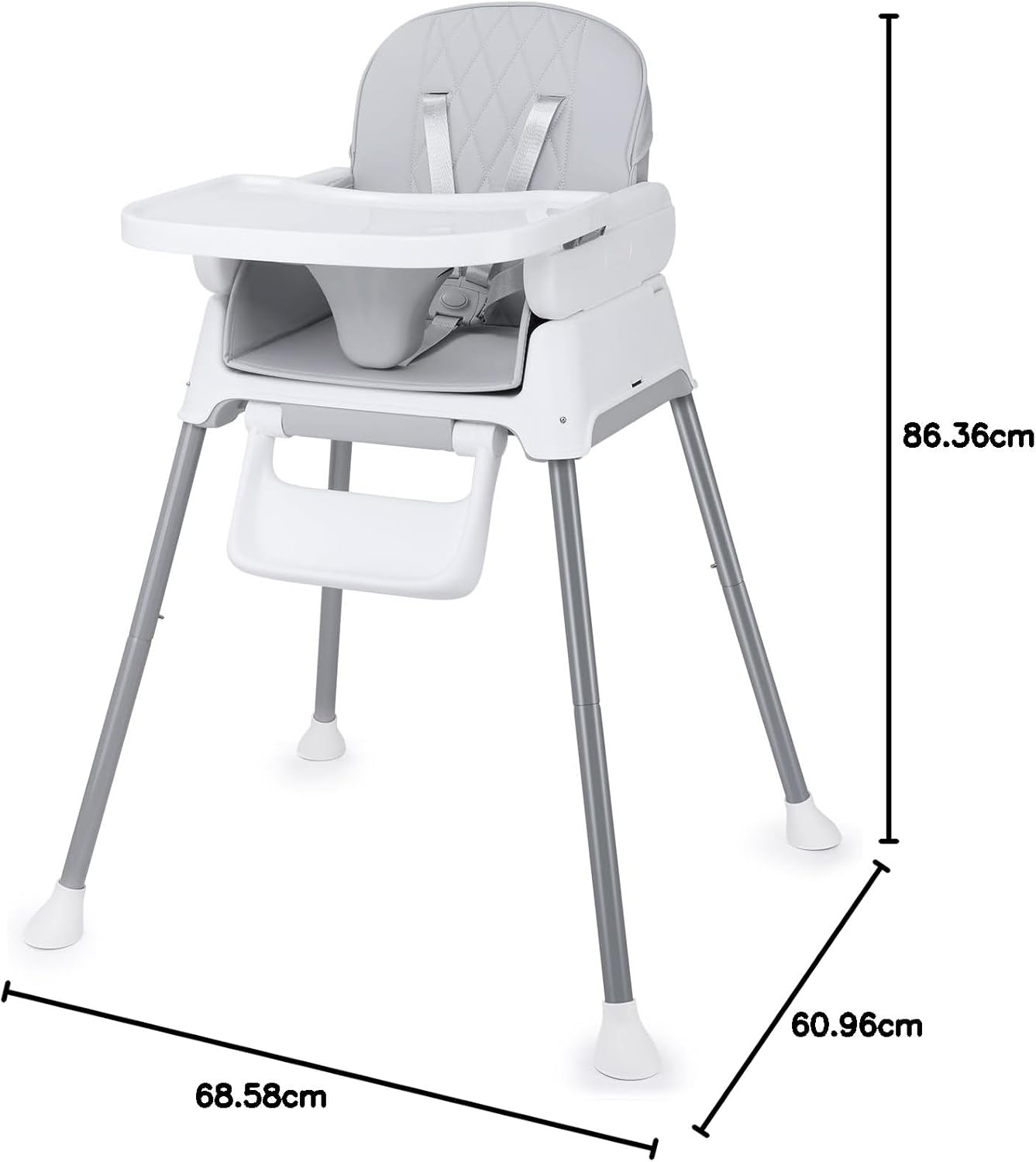 Diagram showing the dimensions of the Bellababy high chair: 68.58cm width, 60.96cm depth, and 86.36cm height.