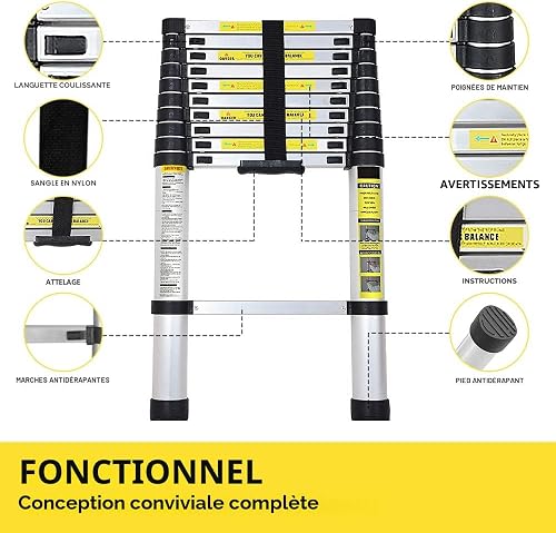Cecaylie Échelle télescopique en aluminium - 3,2 m - Échelle extensible - Antidérapante - Multifonction - Charge maximale : 150 kg - 3