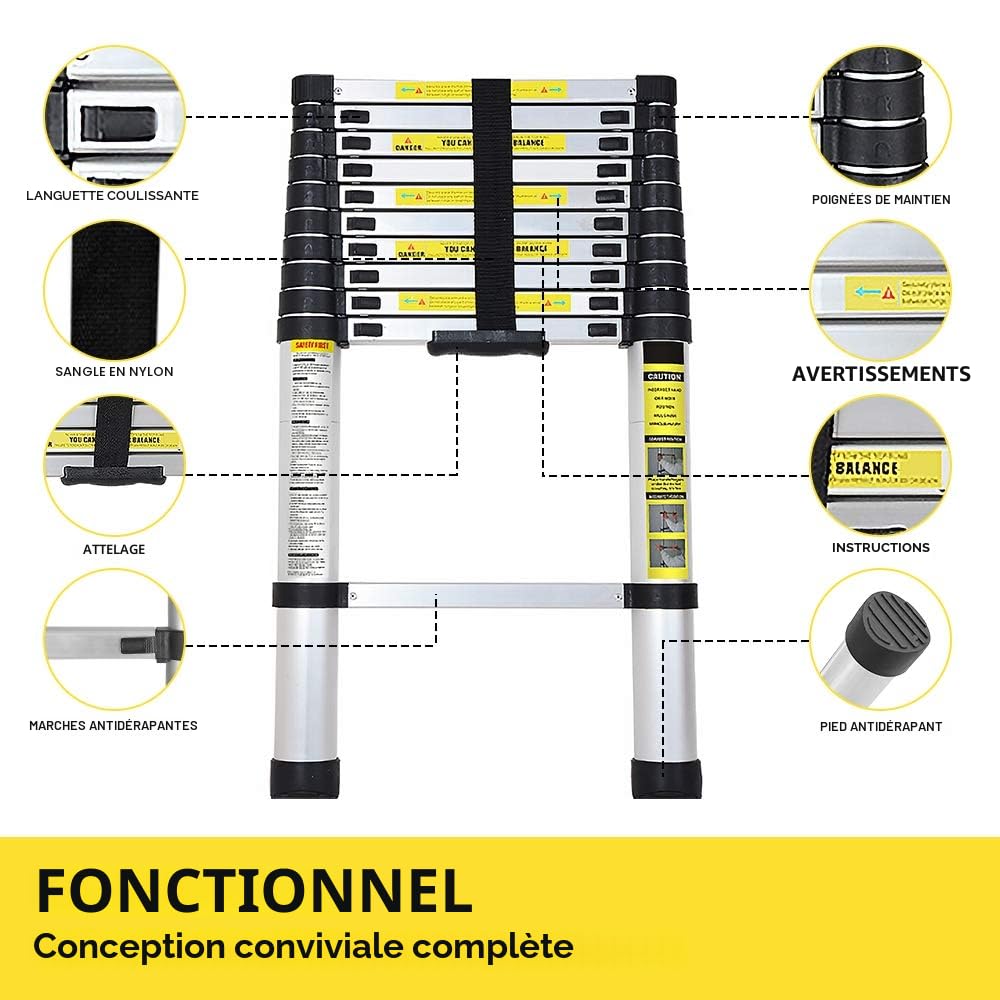 Échelle télescopique en aluminium - 3,2 m - Échelle extensible - Antidérapante - Multifonction - Charge maximale : 150 kg
