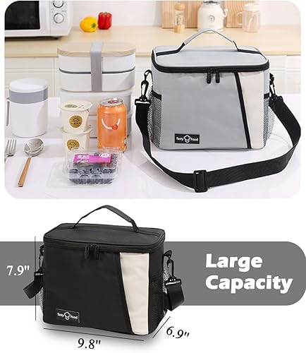 Miniatura 4 de Lonchera aislada para adultos, a prueba de fugas, con correa de hombro desmontable, lonchera con bolsillos para el trabajo, fiesta, picnic (negro)