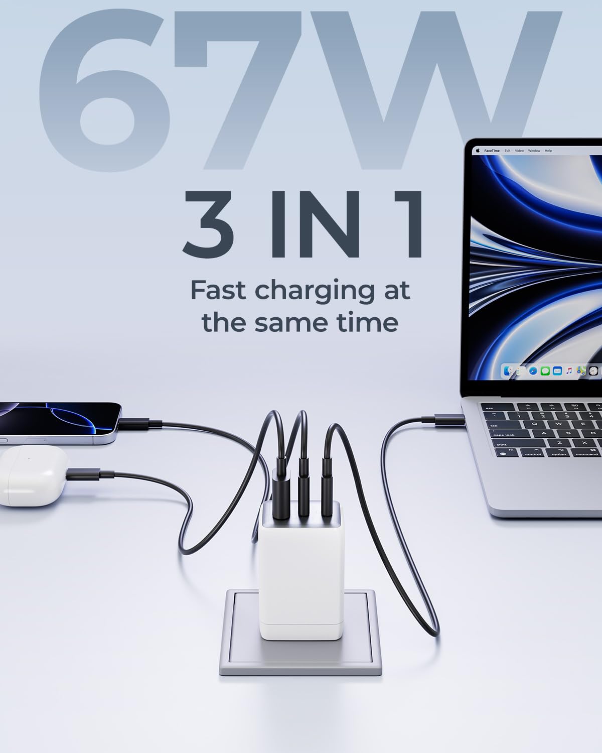 wegear Caricatore USB C da 67 W, blocco di ricarica rapida GaN a 3 porte con spina pieghevole, compatibile con MacBook Pro/Air, iPad Pro, iPhone 16/15/Pro, Galaxy S25/S24, Note20, Pixel, Apple Watch